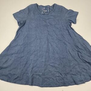 Yuvita Dress Womens Medium Blue Linen Short Sleeve A Line Swing Tunic Casual